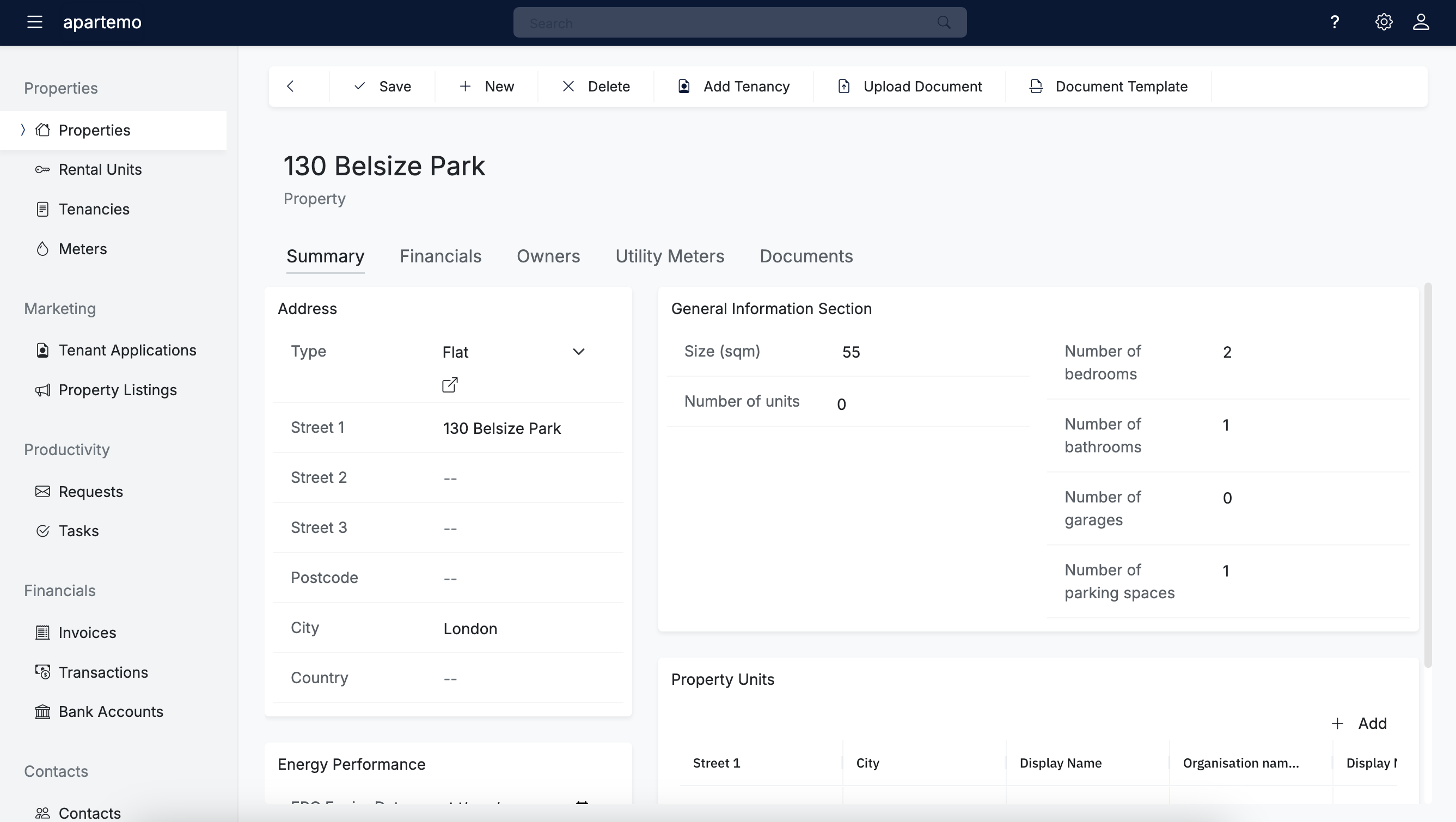 Property overview dashboard interface